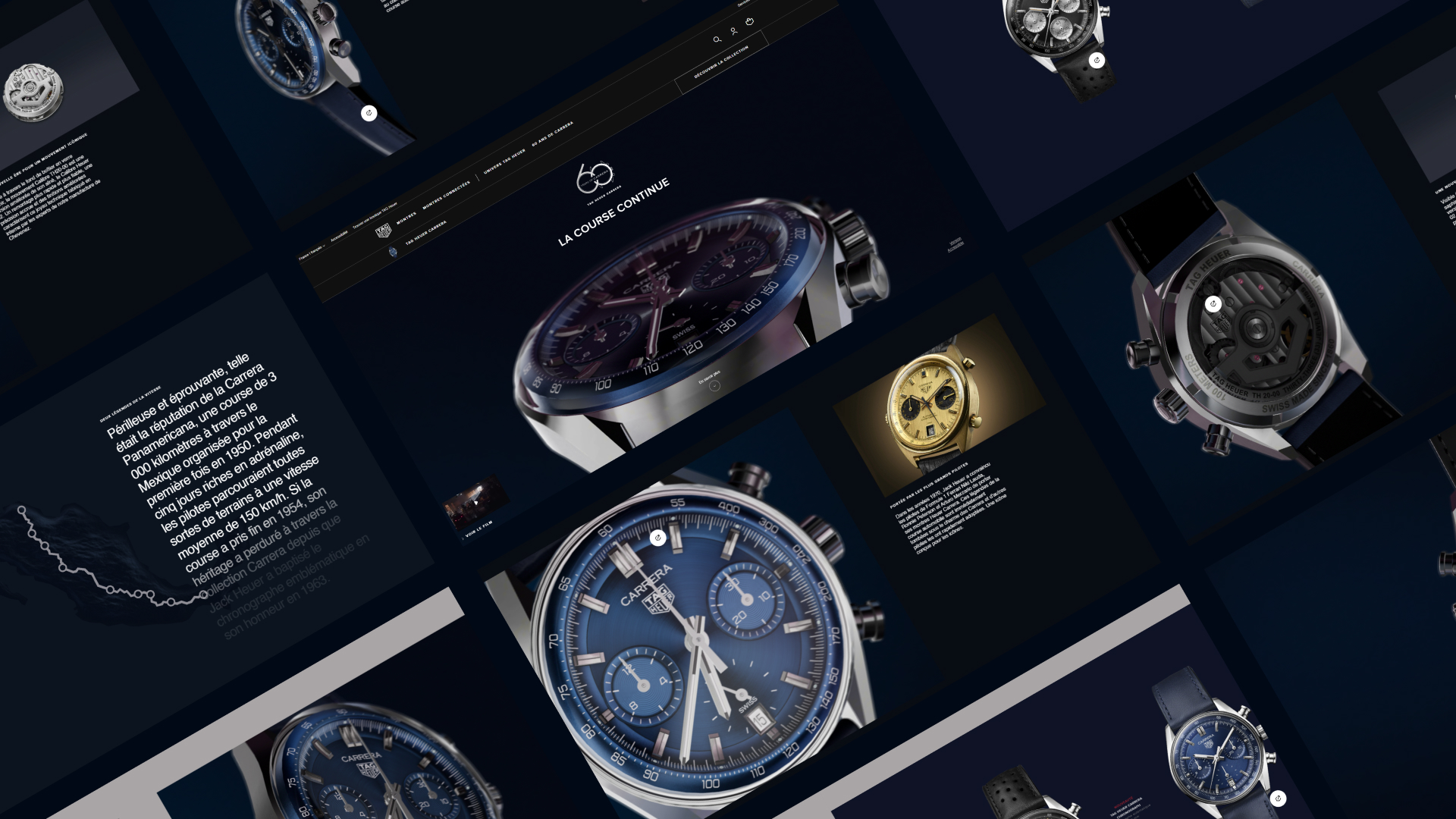 Conception UX/UI et développement web d'un site internet immersif pour TAG Heuer, marque de luxe horlogère suisse, à l'occasion des 60 ans de leur collection TAG Heuer Carrera.