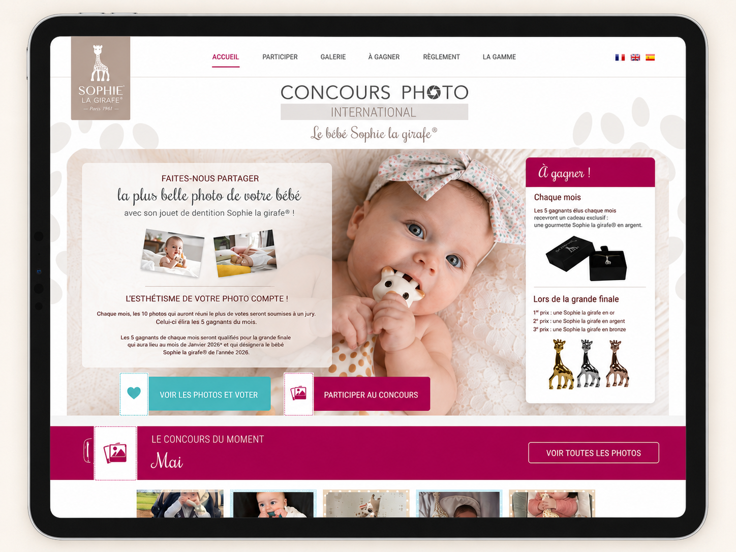 Illustration du projet Sophie la girafe – Une plateforme de concours photo participative pensée pour engager une communauté internationale de parents