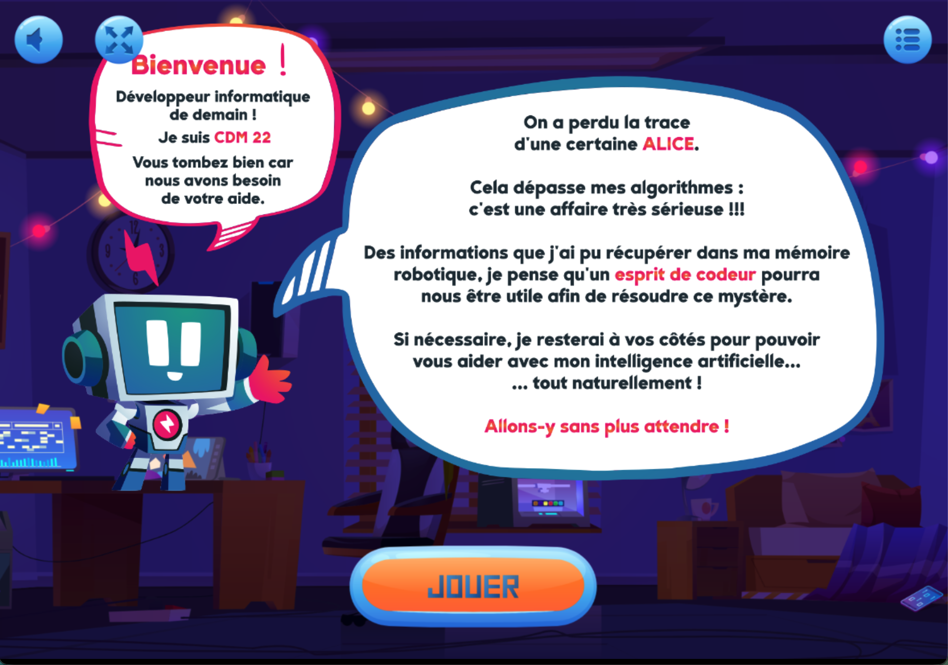 Illustration du projet Développement d'une application ludique "Nom de Code Alice" pour l'orientation professionnelle