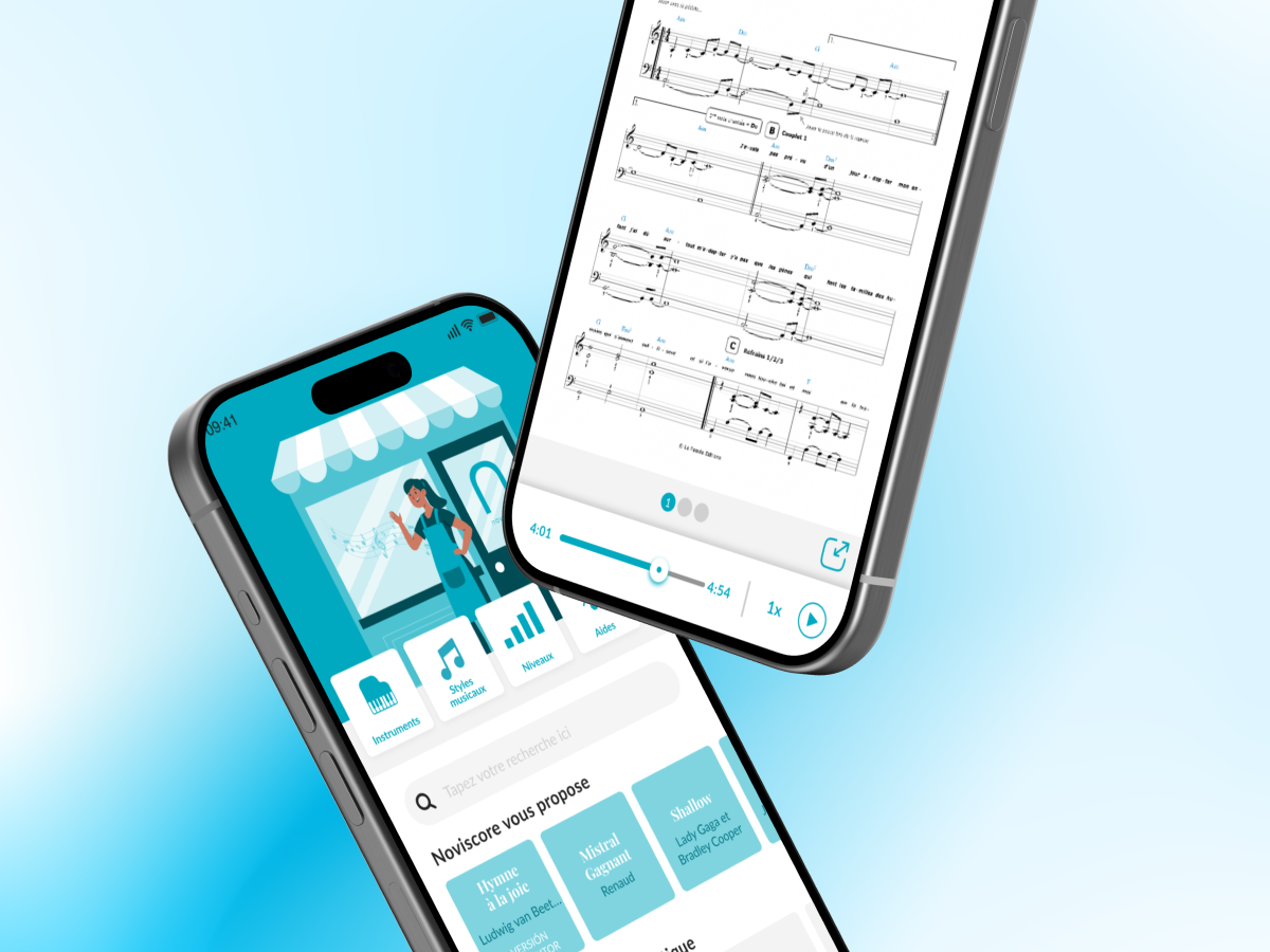 Illustration du projet Noviscore : application mobile d'achat, lecture et apprentissage de partitions de piano