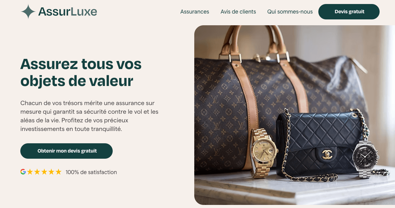 Illustration du projet AssurLuxe : Création de site web, référencement sur Google & IA (ChatGPT, Perplexity)