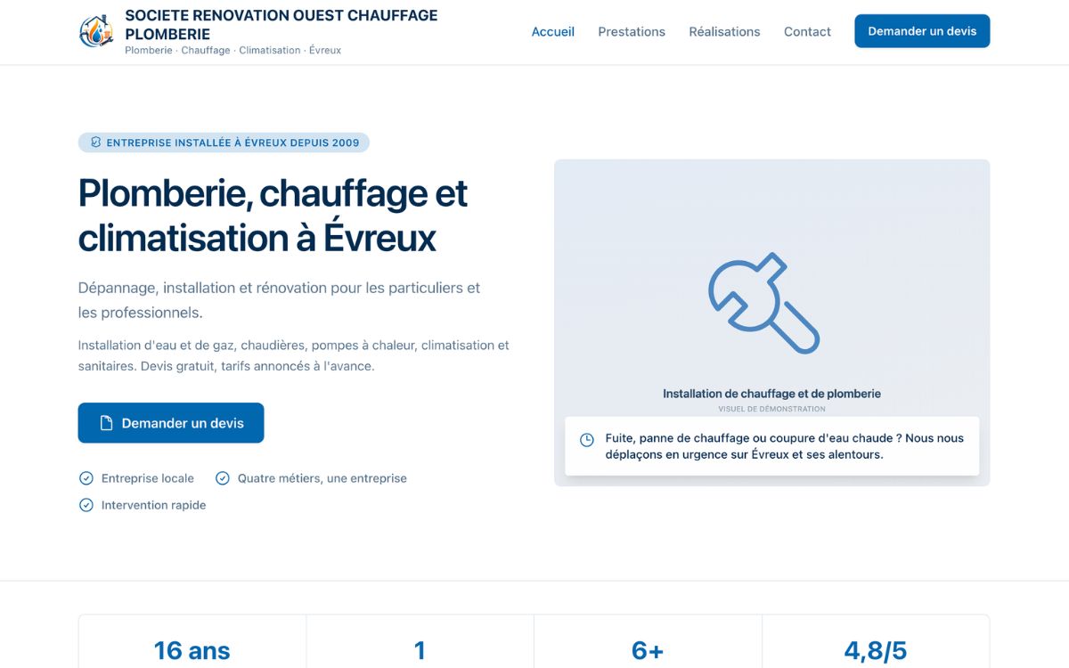 Illustration du projet Site vitrine complet pour une entreprise de plomberie, chauffage et climatisation à Évreux