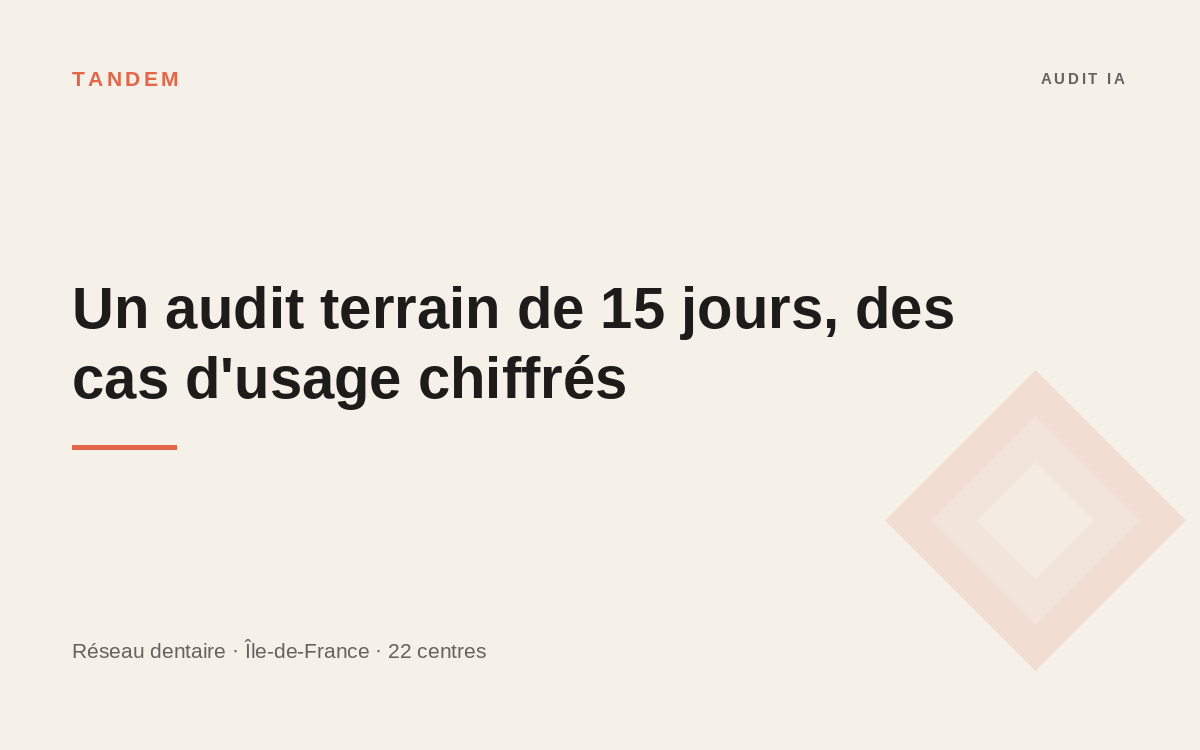Illustration du projet Audit terrain de 15 jours et cas d'usage chiffrés pour un réseau de 22 centres dentaires
