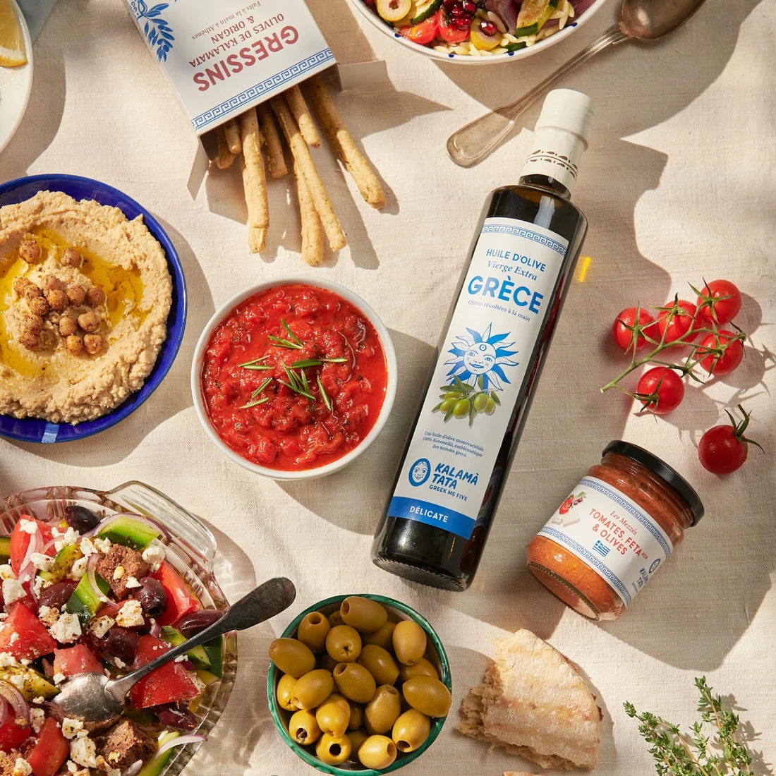 Illustration du projet Kalamá Tata : lancement d'une marque d'épicerie grecque sur Shopify, du brief au go-live en 10 jours