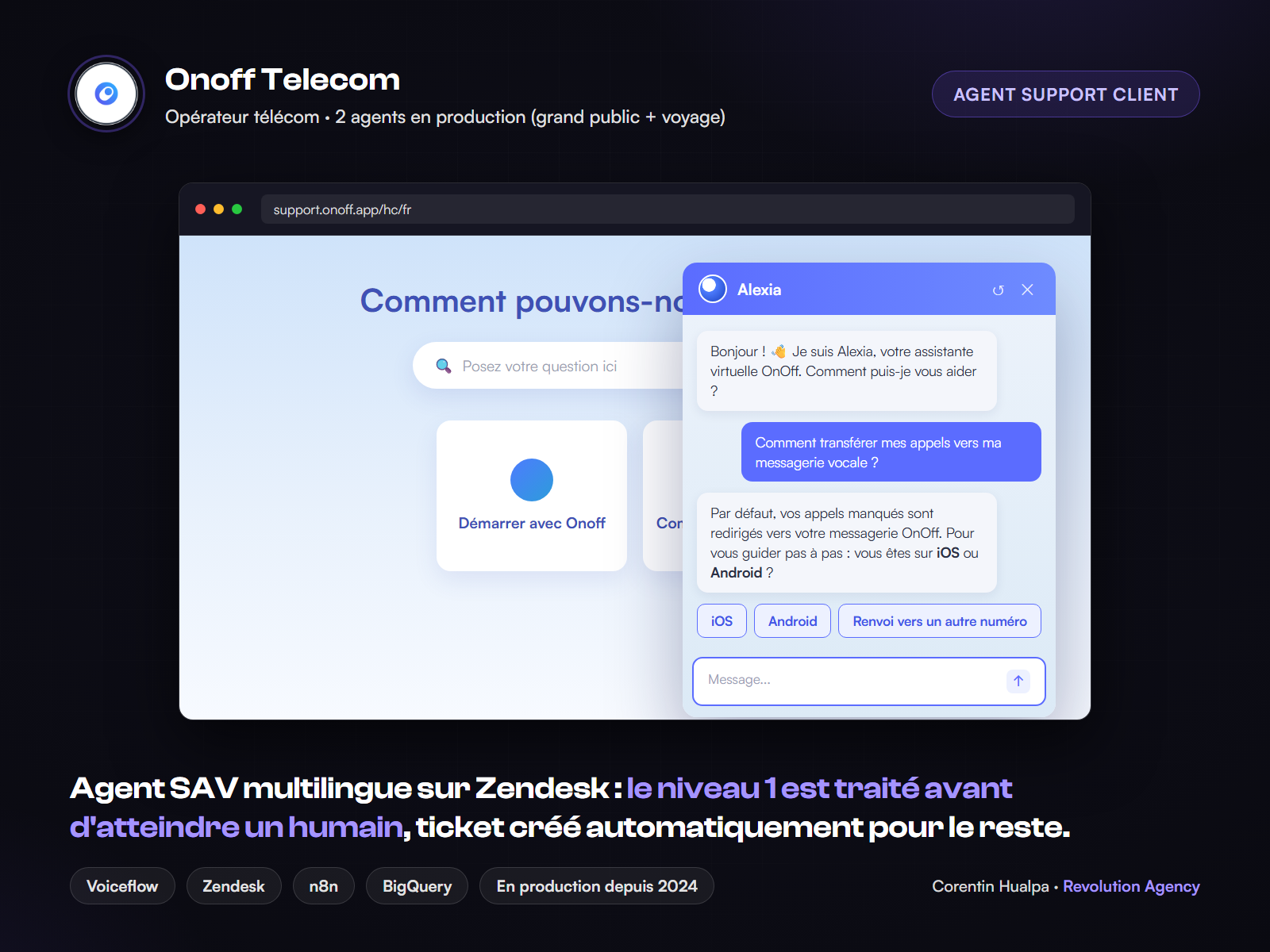 Illustration du projet Alexia, l'agent de support client d'OnOff Telecom sur Zendesk