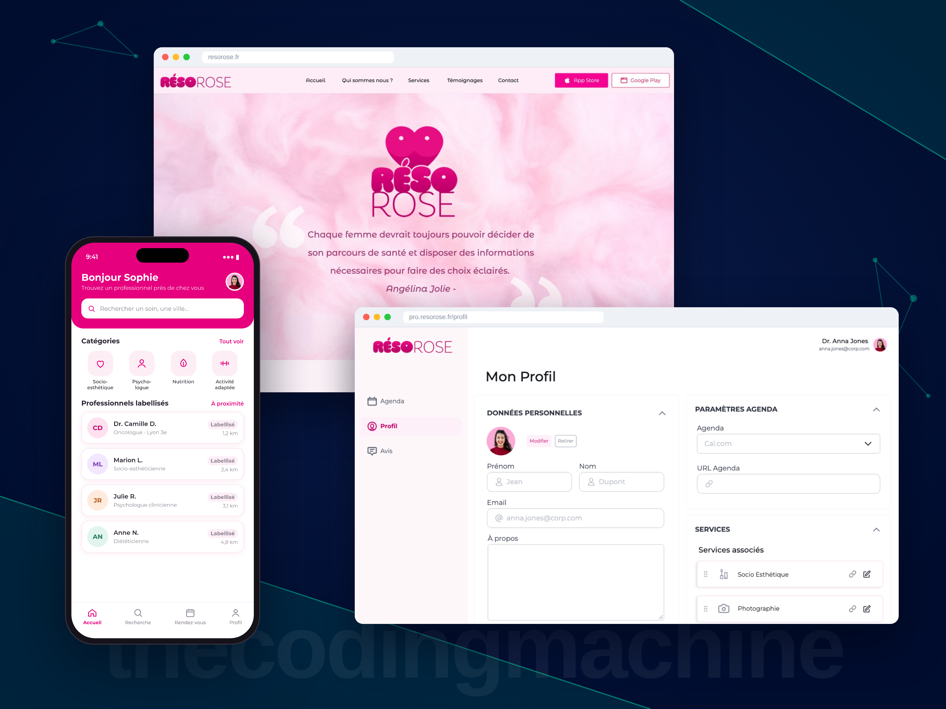 Illustration du projet Application mobile, espace pro et back-office pour mettre en relation patientes et professionnels des soins de support