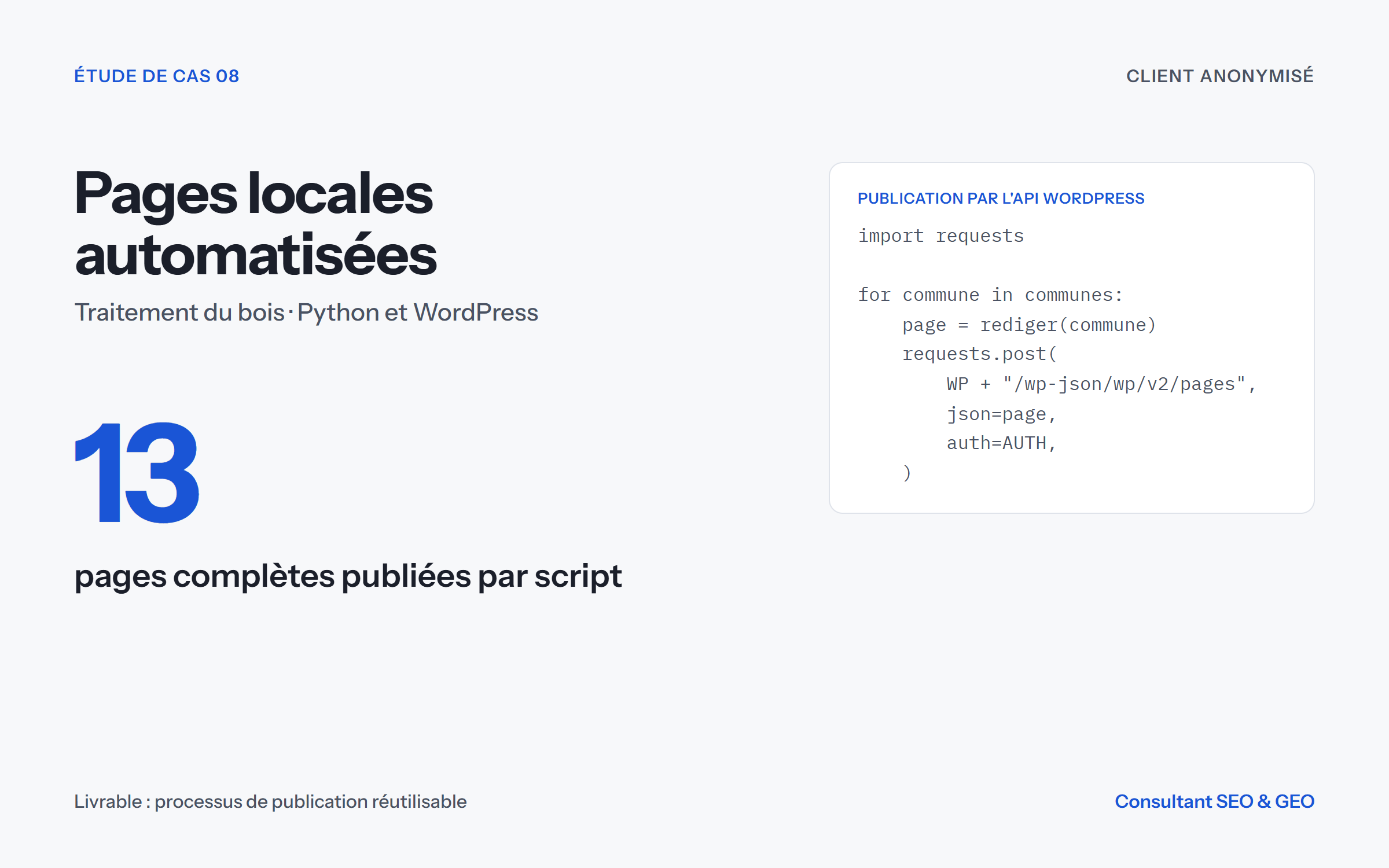 Illustration du projet Pages locales automatisées pour une entreprise de traitement du bois (WordPress, Python)