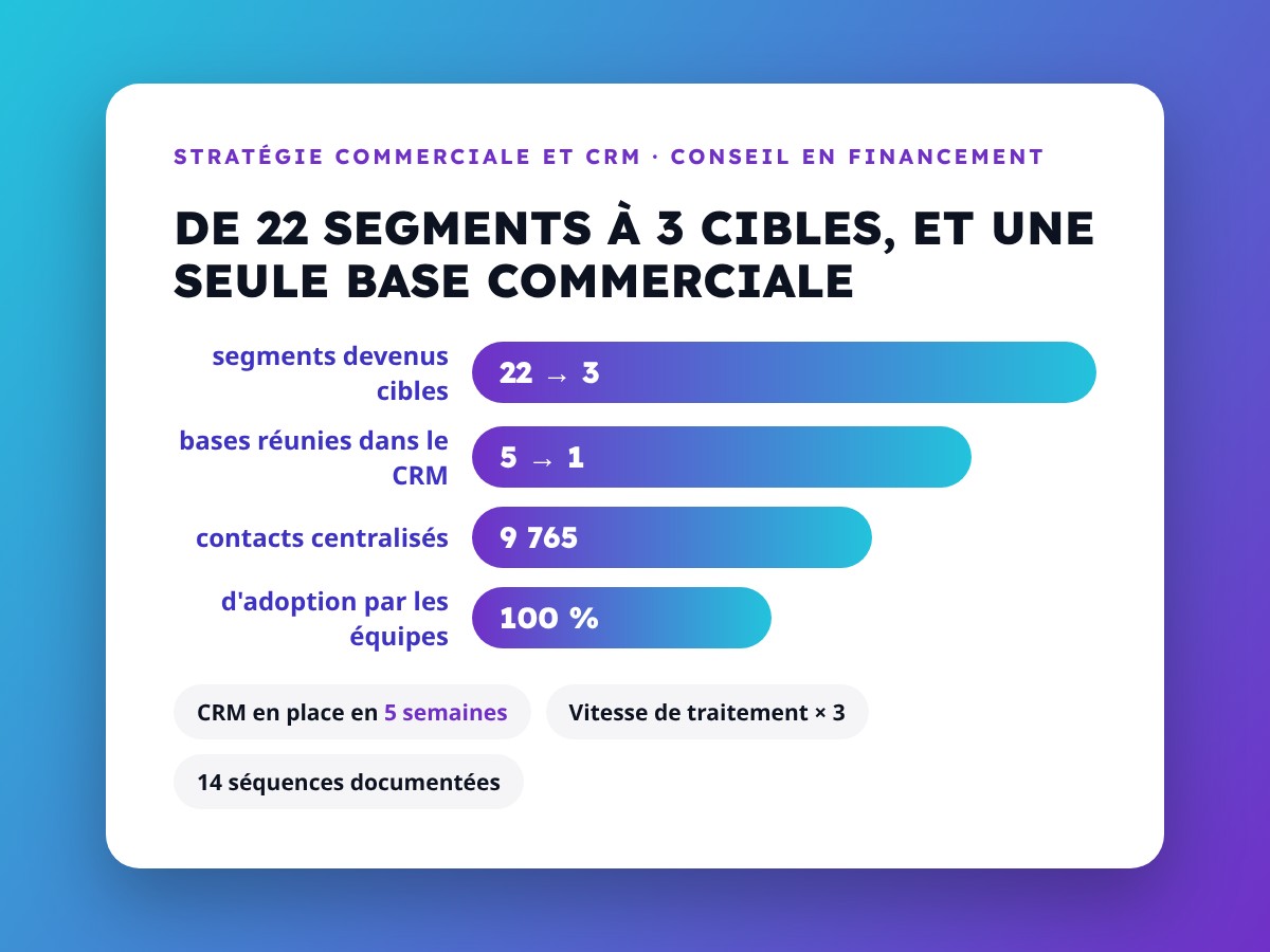 Illustration du projet Stratégie commerciale et CRM : de 22 segments à 3 cibles pour un cabinet de conseil en financement
