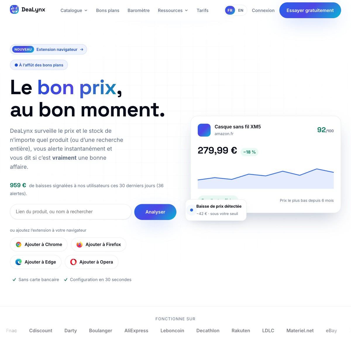 Illustration du projet DeaLynx : service de suivi de prix et d'alertes bons plans, avec son extension navigateur