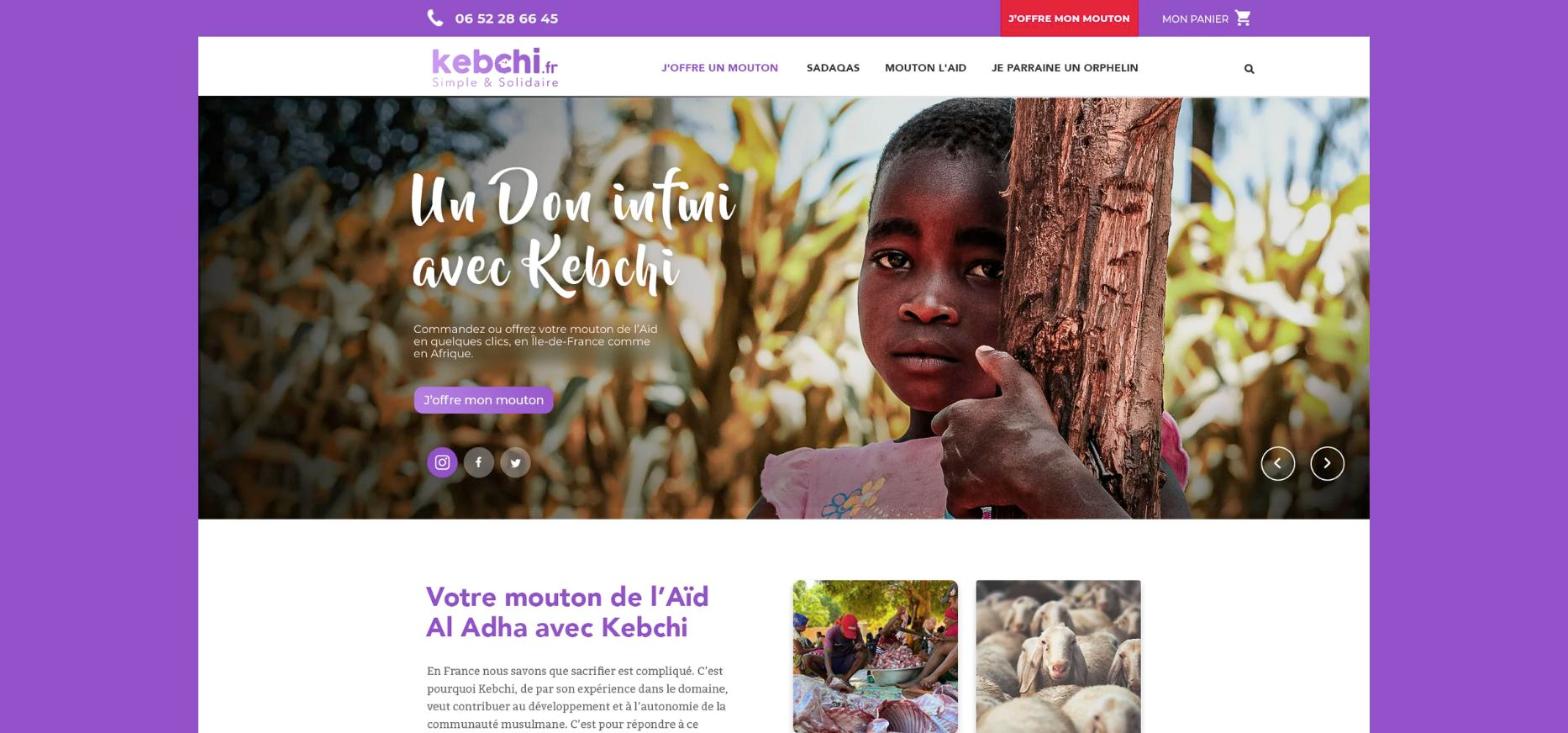 Illustration du projet Kebchi Solidarity : maquette du site, parcours de don et communication visuelle des campagnes sur deux ans