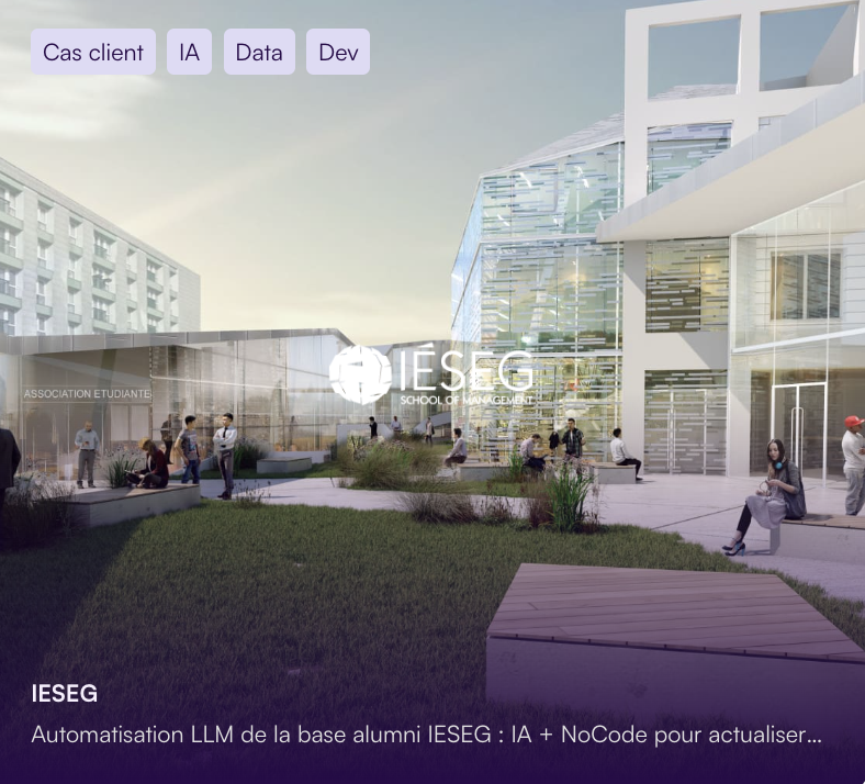 Illustration du projet Automatisation LLM de la base alumni IESEG : IA + NoCode pour actualiser 20 000 profils en temps réel